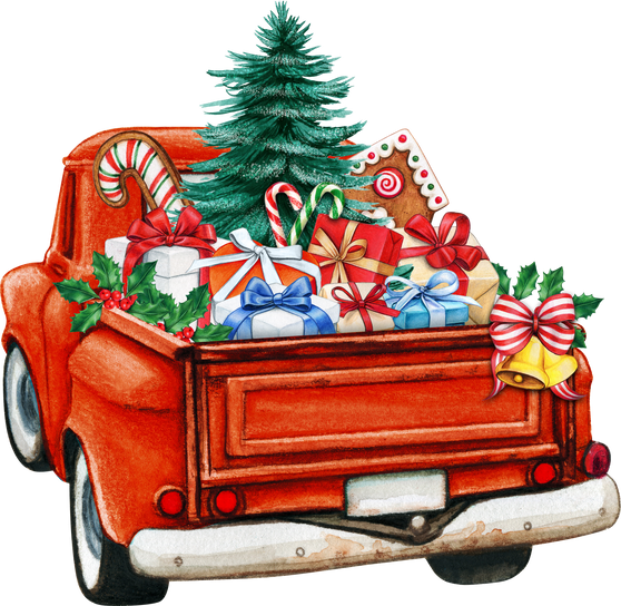 Watercolor Red Pickup Vintage Truck  with Christmas Trees
